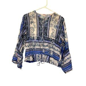 Johnny Was Revive Jacky Floral Silk Top With Button Front & Cinch Tie Waist XS